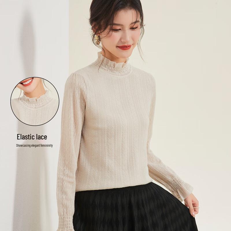 Women's Spring Lace-Trim Knit Sweater with Wool & Silk Blend