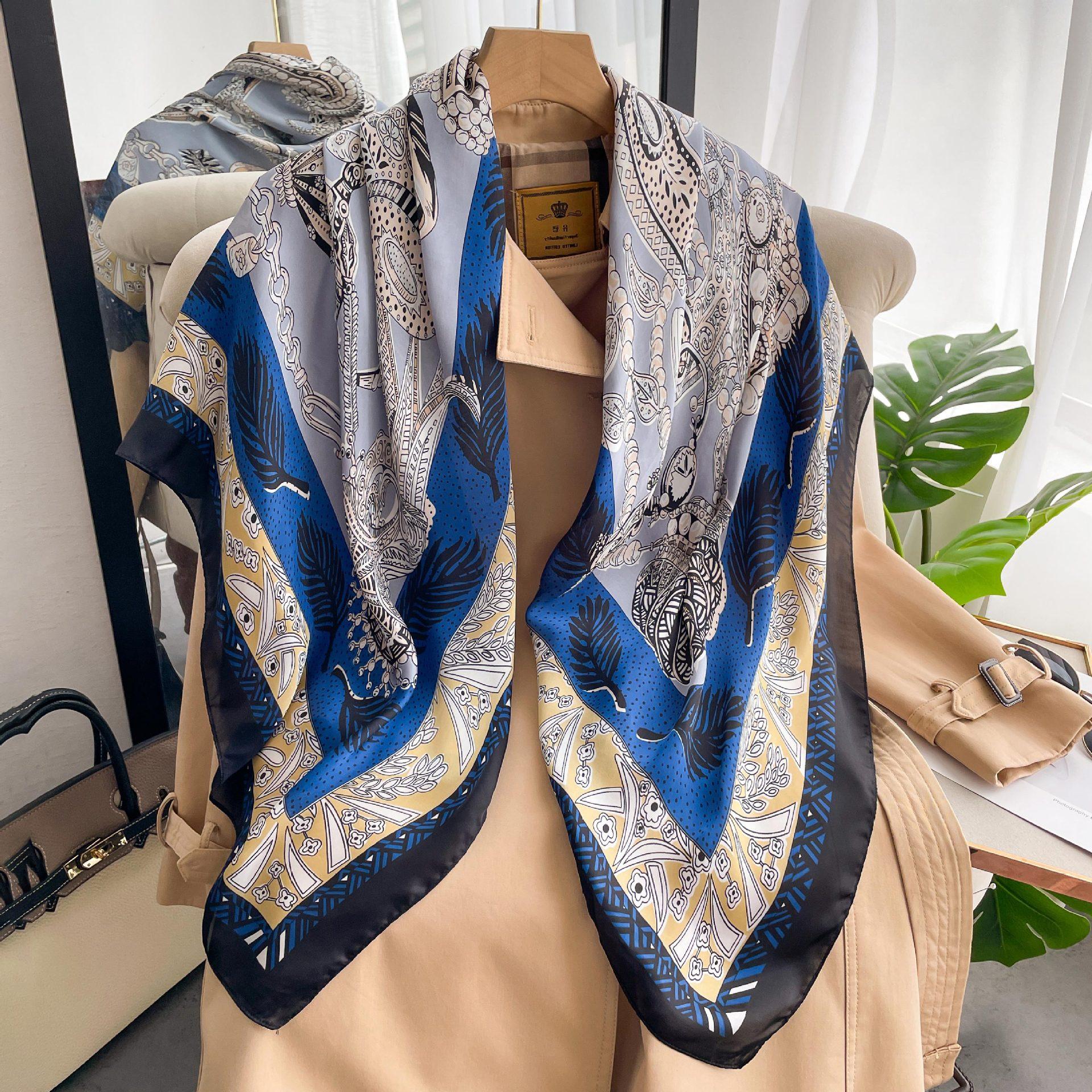 

Высококачественные роскошные шелковые шарфы, повязка на голову, шарфы, шейный шарф для женщин, шелковый шарф с цепочкой, женская декоративная шаль 110*110cm синий