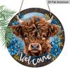 2D Flat, 1pc Round Aluminum Hanging Sign, Charming Highland Cow with Blue Wildflowers Pattern - Durable Outdoor/Indoor Welcome Decor for Front Door