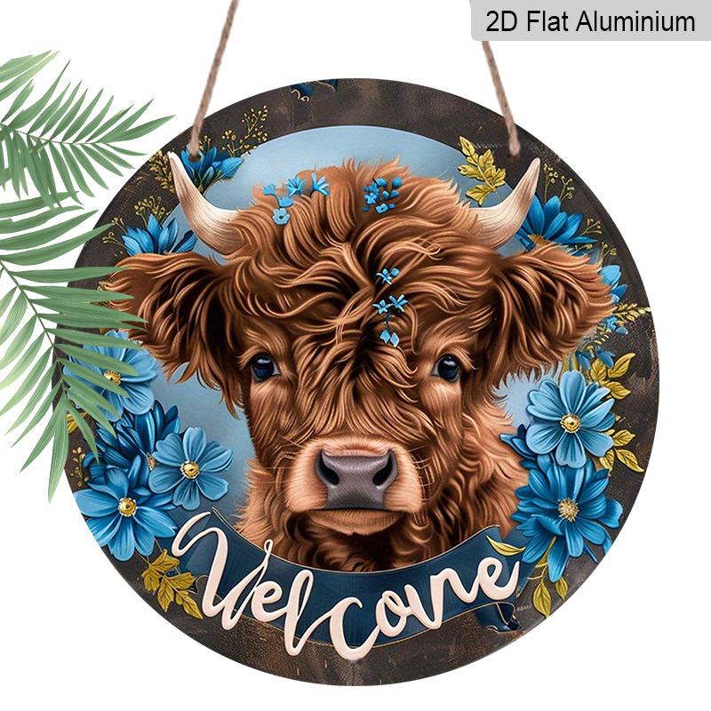 2D Flat, 1pc Round Aluminum Hanging Sign, Charming Highland Cow with Blue Wildflowers Pattern - Durable Outdoor/Indoor Welcome Decor for Front Door