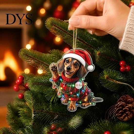 Hanging Decorations for Car Rearview Mirrors Dachshund Christmas Ornaments, 2D Flat Dog Themed Acrylic Xmas Durable Pendants Tree Decoration