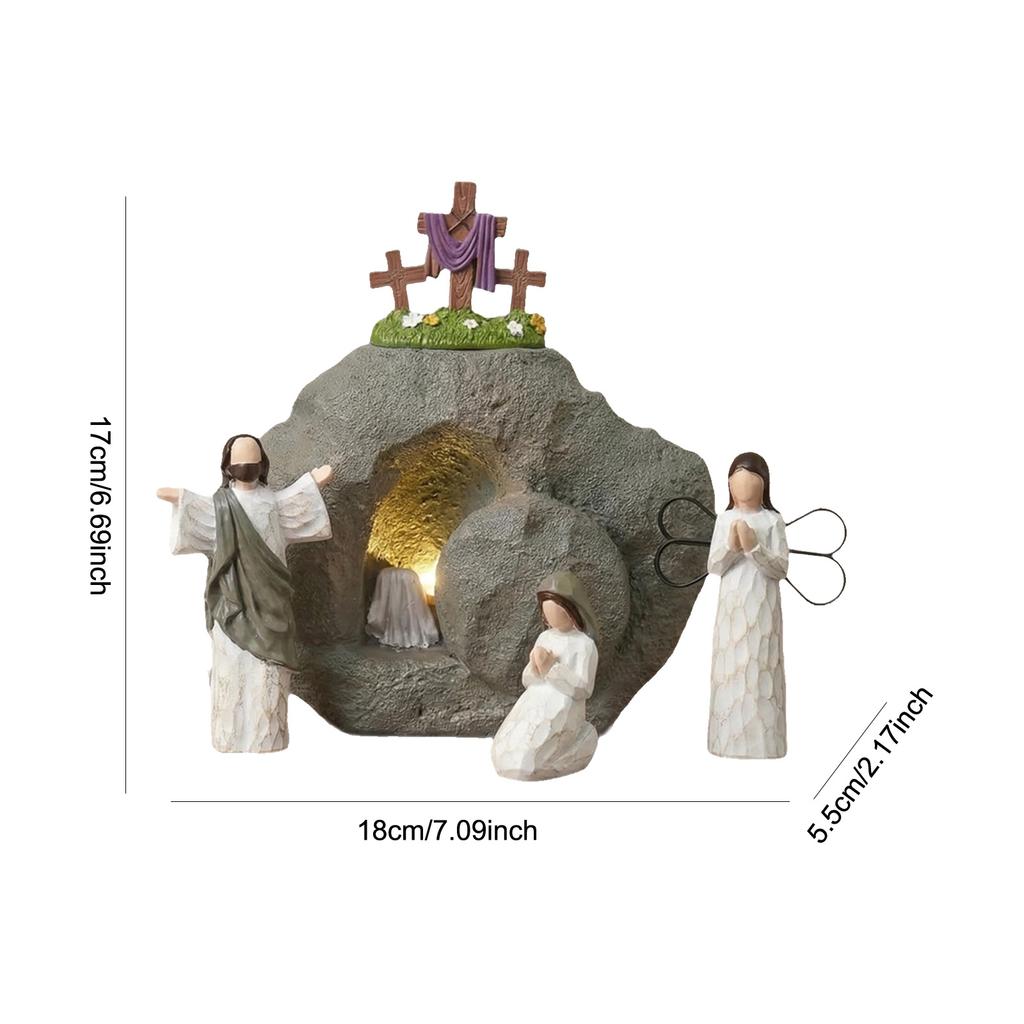 Christian Easter Decor Little Jesus Figures Empty Tomb Easter Scene Decor with Cross for Indoor Holiday Home Tabletop Ornaments