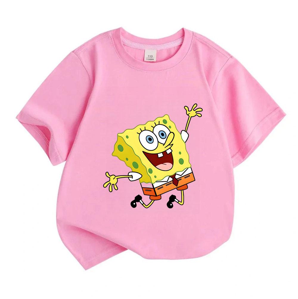 Kids Boys Girls 100% Cotton Crew Neck Short Sleeve T-shirt, Cute Happy Yellow Sponge Print Casual Lightweight Breathable Summer Tops for Children Dail