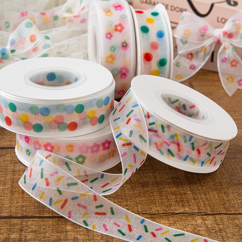 25Y Craft Bow 2.5cm Colorful Dot Beautiful Clear Yarn Ribbons DIY Gift Wrapping Supplies Lightweight Organza Ribbon