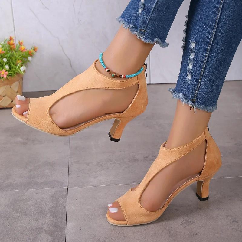 fashion Shoes for Women 2024 Fashion Zip Women's Sandals New Solid Office and Career High Quality Fish Mouth Shoes Heeled Sandals Women