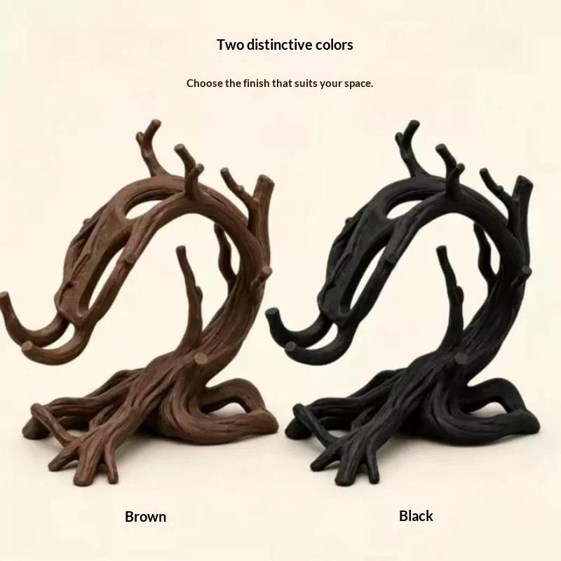 3D Printed Twisted Tree Root Phone Stand Holder Unique Branch Shaped Desktop Decor Sculpture Minimalist Black Cell Phone Support