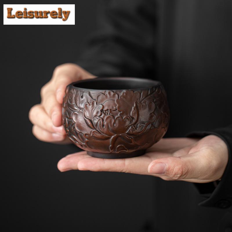 Chinese Qingxi Purple Pottery Tea Cup Handmade Engrave Tea Bowl Zen Meditation Cup Ceramic Master Cup Tasting Mug Kung Fu Teaset