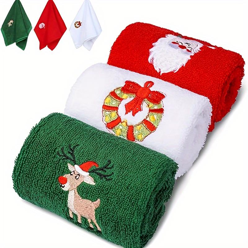 3/4pcs Christmas Embroidered Hand Towels Santa Claus Reindeer Wreath Soft Absorbent Cotton Towels Decorative Holiday Towels