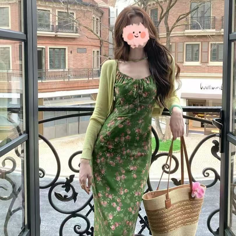 [Midsummer Story] French Floral Suspender Dress for Women's Summer Waist and Thin Straps Long Skirt