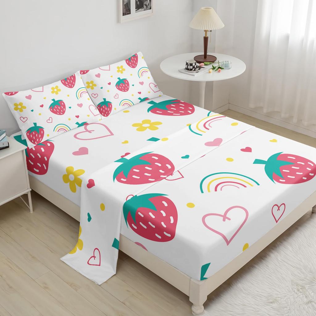 Cartoon Fruit Strawberry Pattern Bed Hat Four-Piece Bedding Set Bedroom Dormitory Bedding Decoration