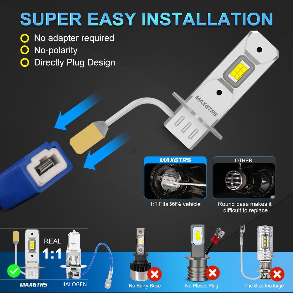 MAXGTRS 2x H3 Headlight LED Canbus No Fan High Beam 6500K White Yellow Car Fog Light Driving Lamp DRL 12V Mini Design