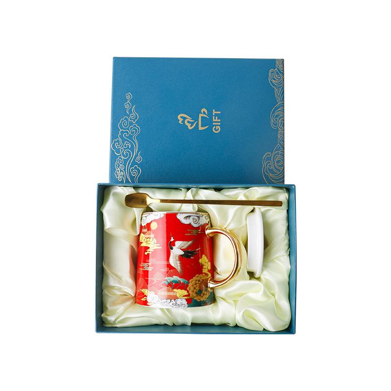 Creative National Tide Style Festive Mug With Spoon And Lid  Personality Ceramic Cup Chinese Style Couple Coffee Water Cup