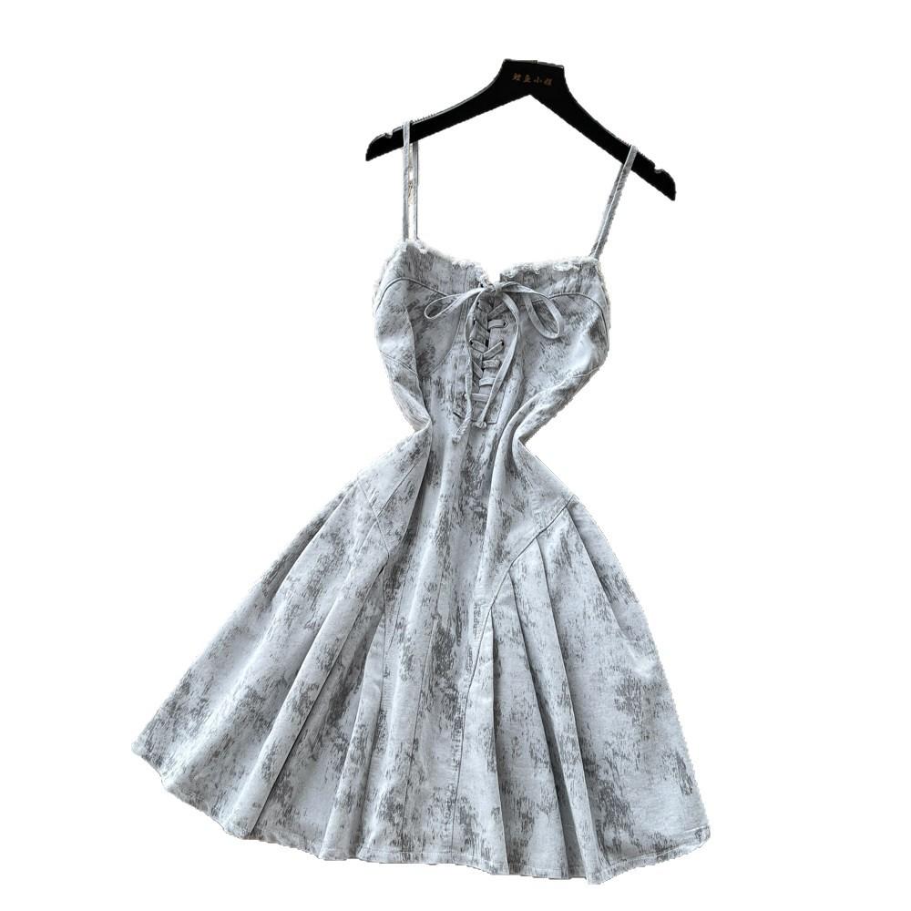 Sweet girlish style strap waist A word suspender denim dress women's summer thin age-reducing strap short skirt