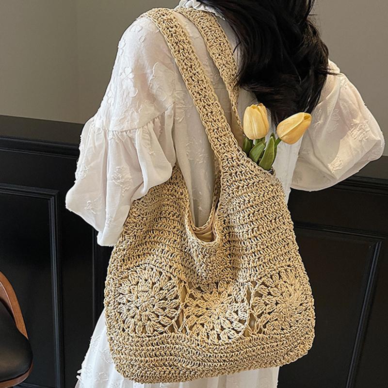 Yogodlns Large Straw Beach Bag with Zipper Summer Shoulder Bag Handbag Hobo Bag Shoulder Purse for Women Travel Vacation