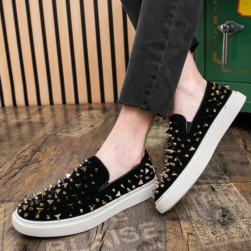 Punk Round Toe Rhinestone Sequin Loafers for Men Casual Shoes Rivet Skateboard Shoe Trendy Flat Slip On Men's Shoes Zapatos