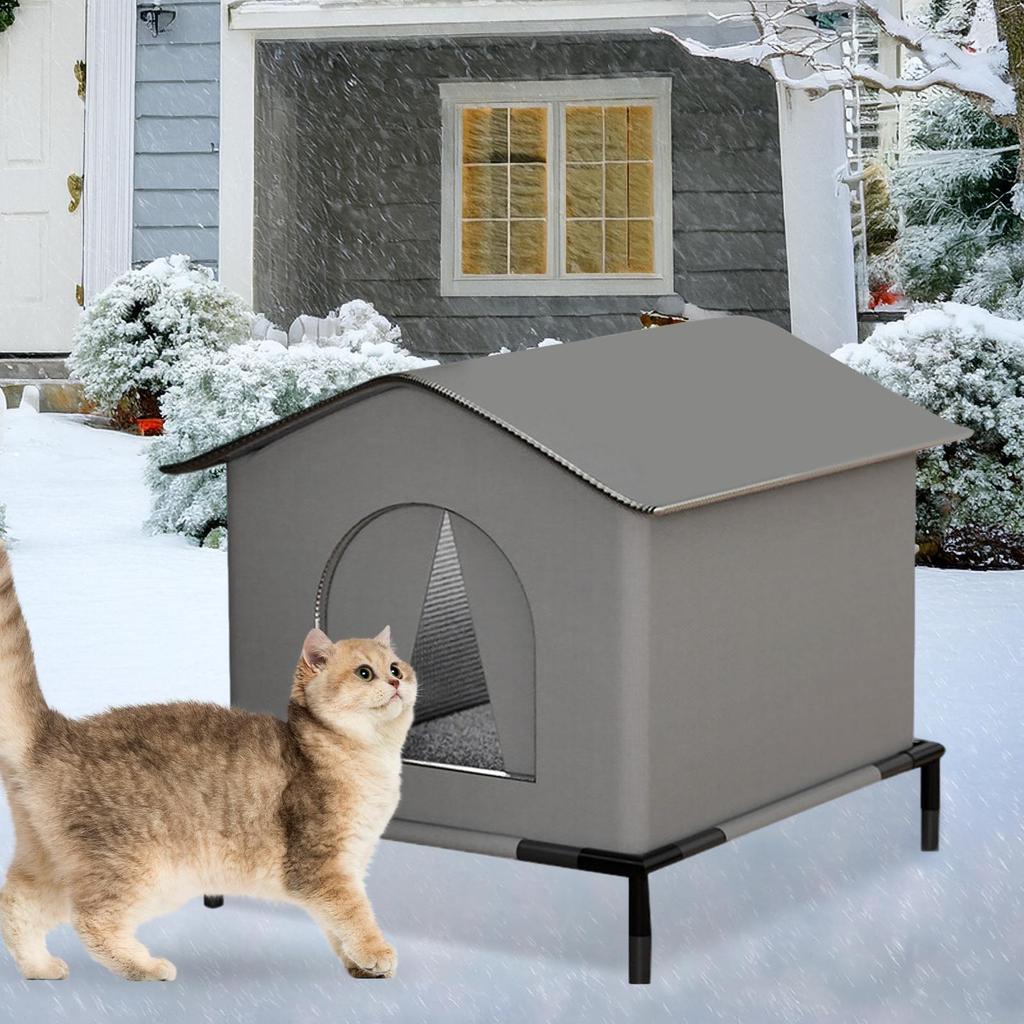 Outside Cat House Outdoor Shelter for Cats with Mat and Raised Floor Insulated Warm Pet Kitten Nest Cave for Patio Backyard