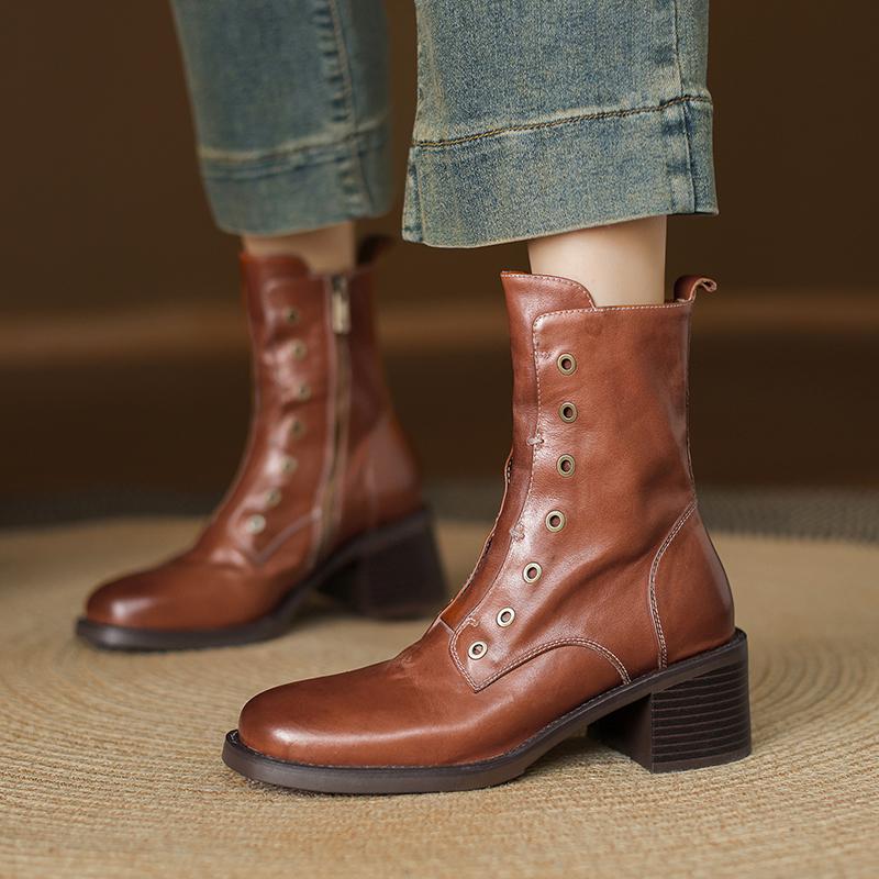 Fashion 2025 Winter Women Shoes Genuine Leather Women Boots Mid-calf Modern Boots Women Solid High Heel Boots Ladies Shoes