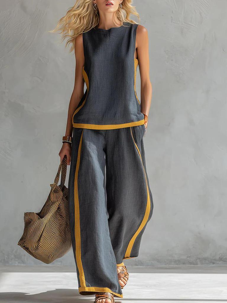 Frühjahr 2026 Damen Color-Block Weitbein Ärmellos Zweiteiliges Set