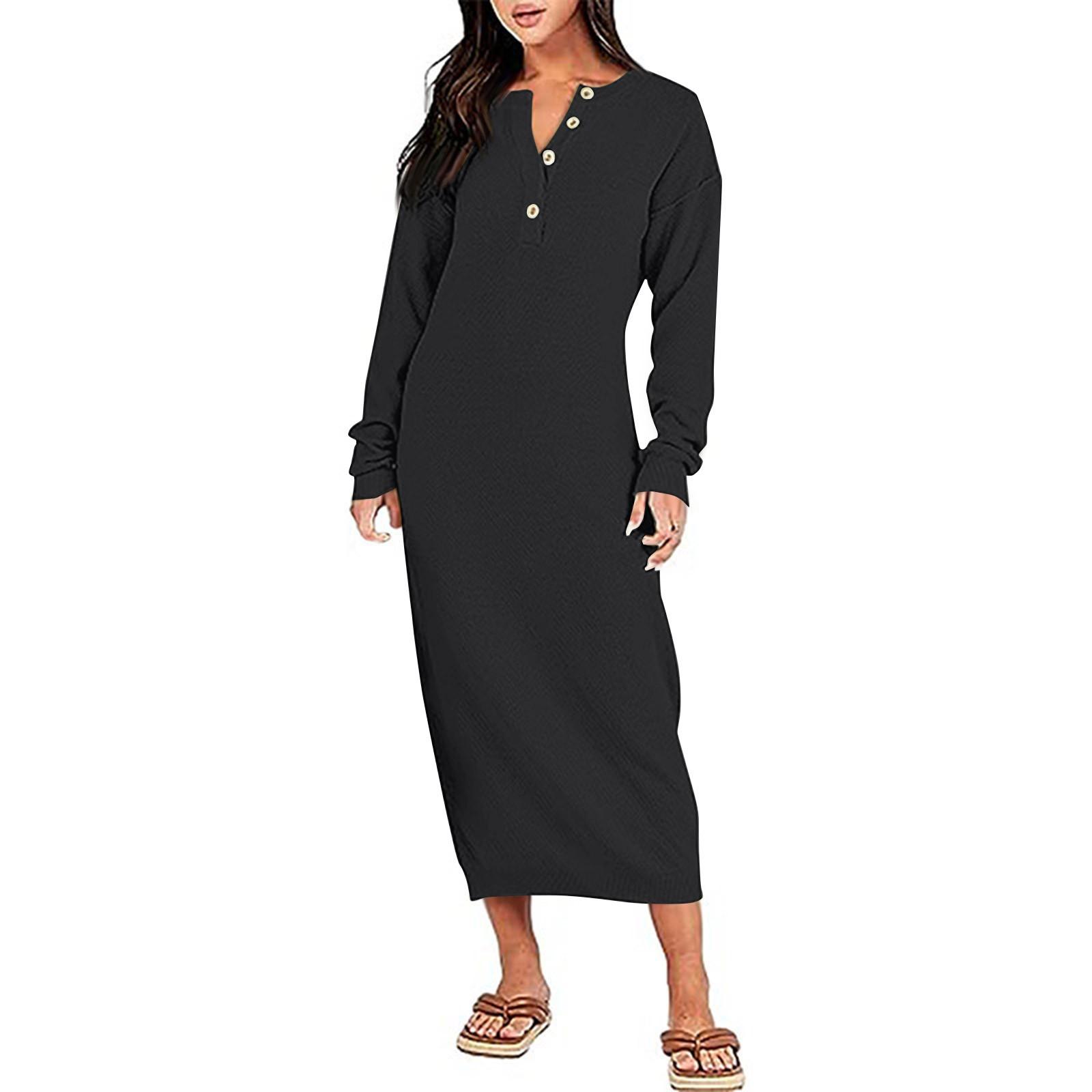 

Женские модные свободные длинные баски с высокой талией на пуговицах вязаные свитера однотонные платья XL чёрный