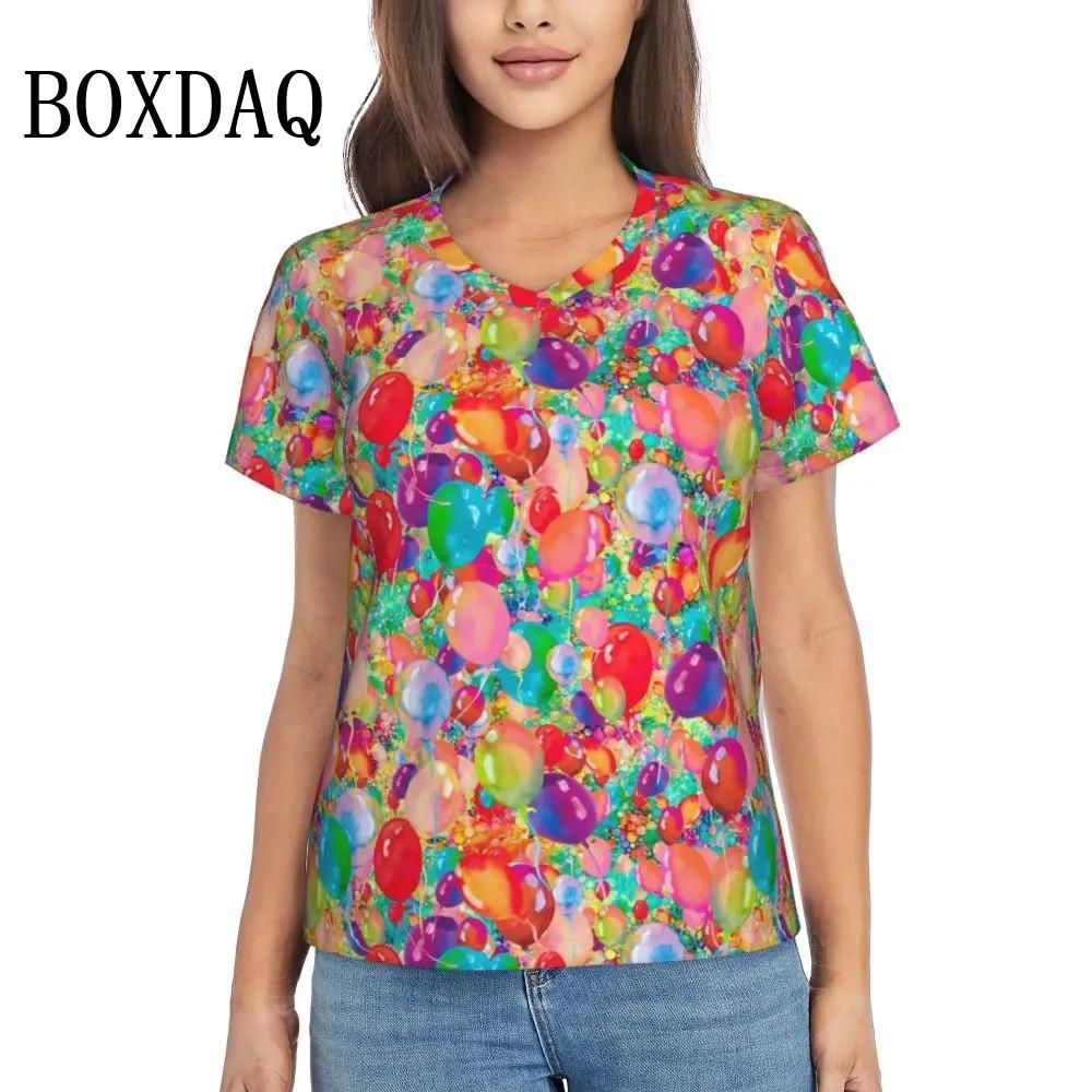 Rainbow Balloon Dogs Print T Shirt Female Summer V-Neck T Shirts Short Sleeve Street Fashion Shirt Women Cute Graphic Kawaii Top