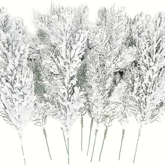 10/20/30Pcs Artificial Snowy Pine Branch 5 Fork Faux Greenery Stem Fake Plants Pick Xmas Holiday Wedding Party Home Decoration