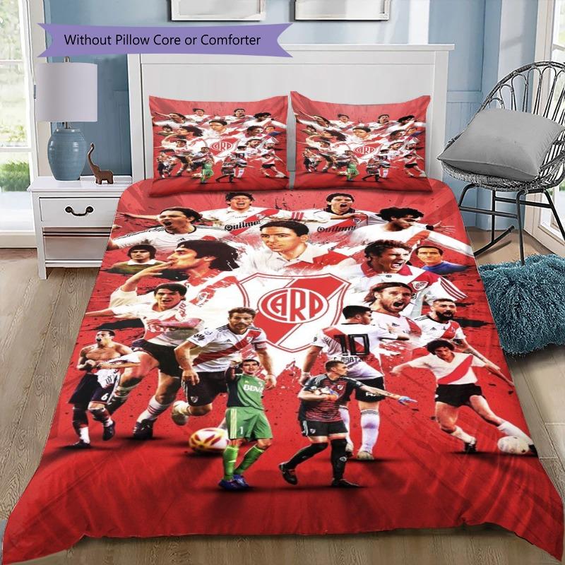 River Plate FC Black Background Red White Horizontal Stripe Shield Crest Bedding Set Argentine Soccer Duvet Cover Football Fan Bedroom Decor Bedding