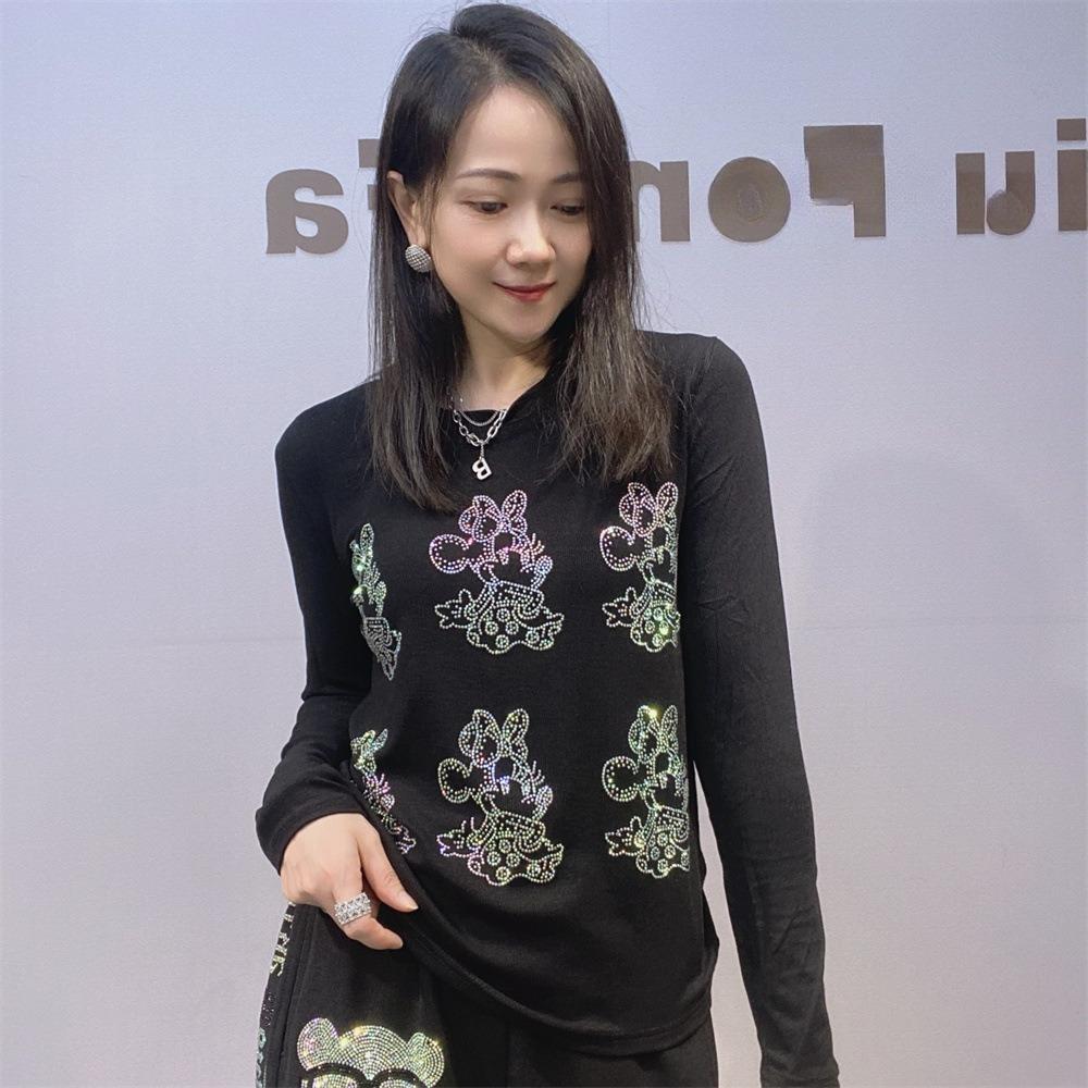 

Round-neck Slimming Rhinestone Cartoon Base Shirt for Women s Autumn Long-sleeved High-end and Slimming Plate-size Top XXL чёрный