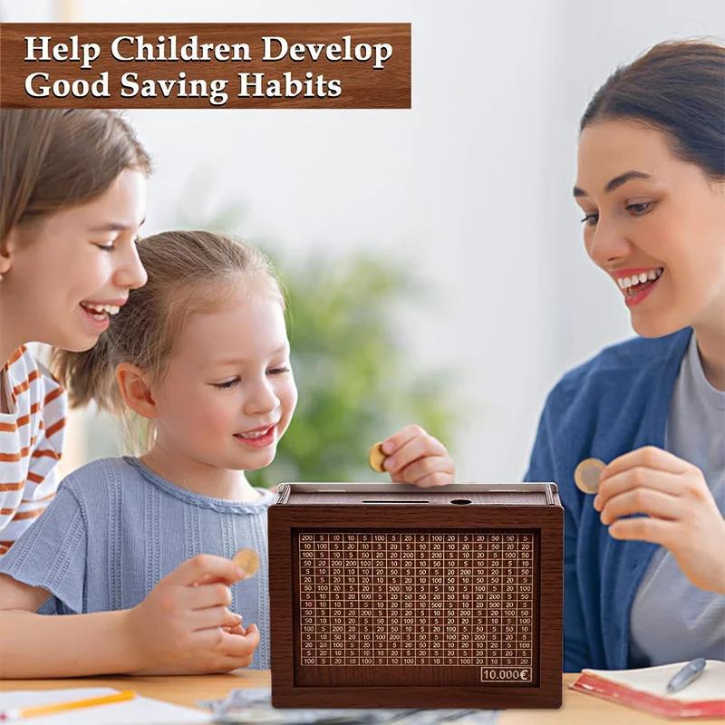 Wooden Piggy Bank Reusable Handmade Money Box, Piggy Bank with Saving Goal and Numbers To Check for Helps The Habit of Saving