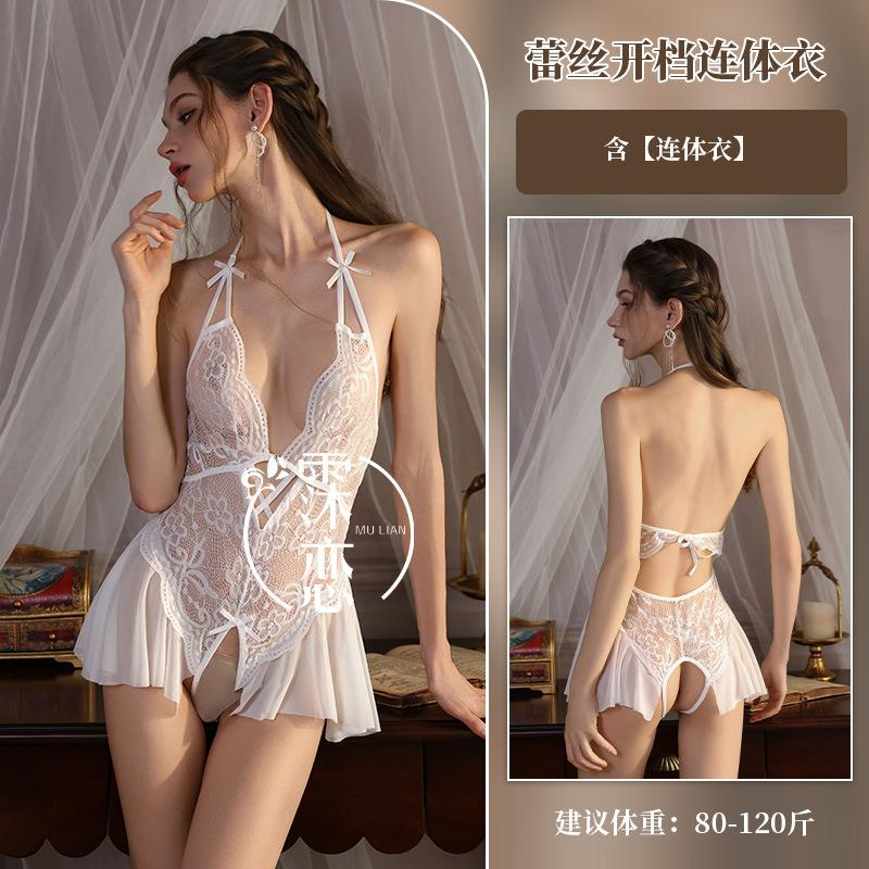 Sexy lingerie, sexy lace neck one-piece, deep V bare chest couple crotch free uniform suit