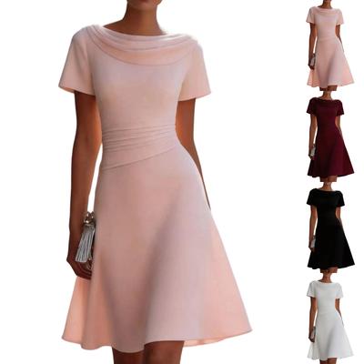 Women's Fashion Short Sleeve A-Line Dress with Draped Cowl Neck Elegant Casual Knee Length Dress for Daily Wear and Special Occasions