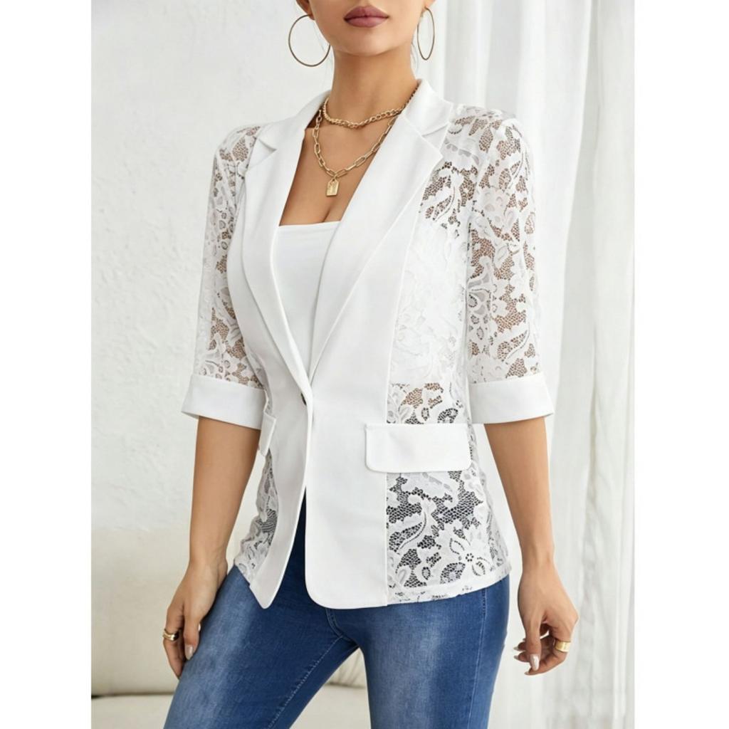 Spring New Women's Elegant Solid Color Fashion Lace Splicing Blazer Coat Casual Outerwear