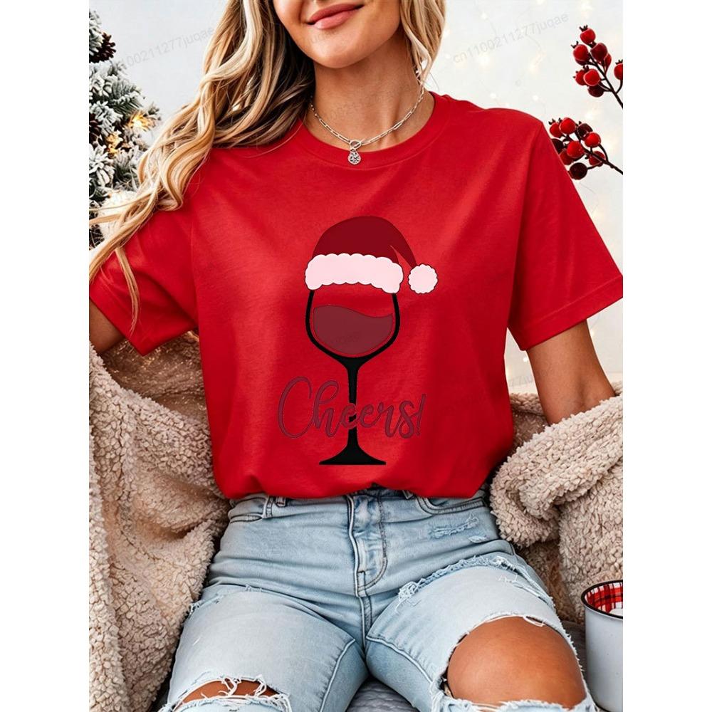 Drinking Christmas T‑shirt Funny Cheers Wine Graphic T-Shirts Short Sleeve Tee Casual Xmas Holiday Tops Gift for Wine Lovers