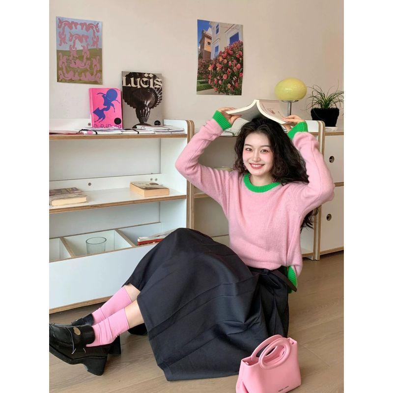 

Classic Style O-neck Short Soft Glutinous Pink Knitwear Pink S