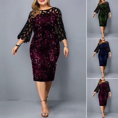 O-Neck 45720 Sleeve Waist Tight Hip Wrap Bodycon Dress Sequins See-Through Mesh