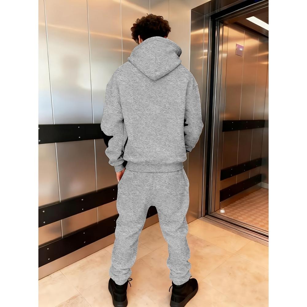 Conjunto de Moletom Casual Masculino com Estampa de Letras e Estrelas, Bolso com Cordão e Calça Esportiva Casual de Exterior com Cordão