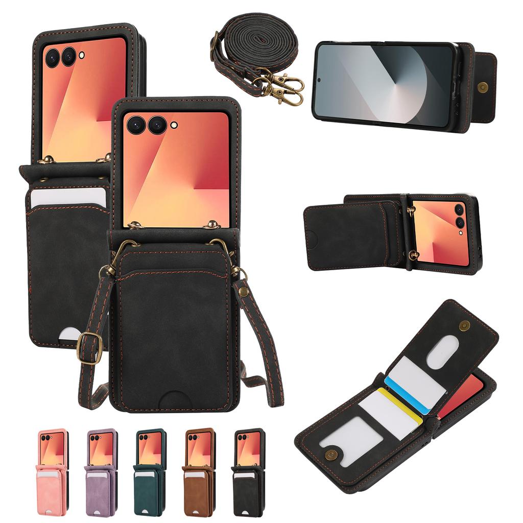 Leather Wallet Card Holder Case for Samsung Galaxy Z Flip 7 FE 6 5 4 3 ZFlip Flip6 Flip5 Flip4 Flip3 Crossbody Lanyard Bag Cover