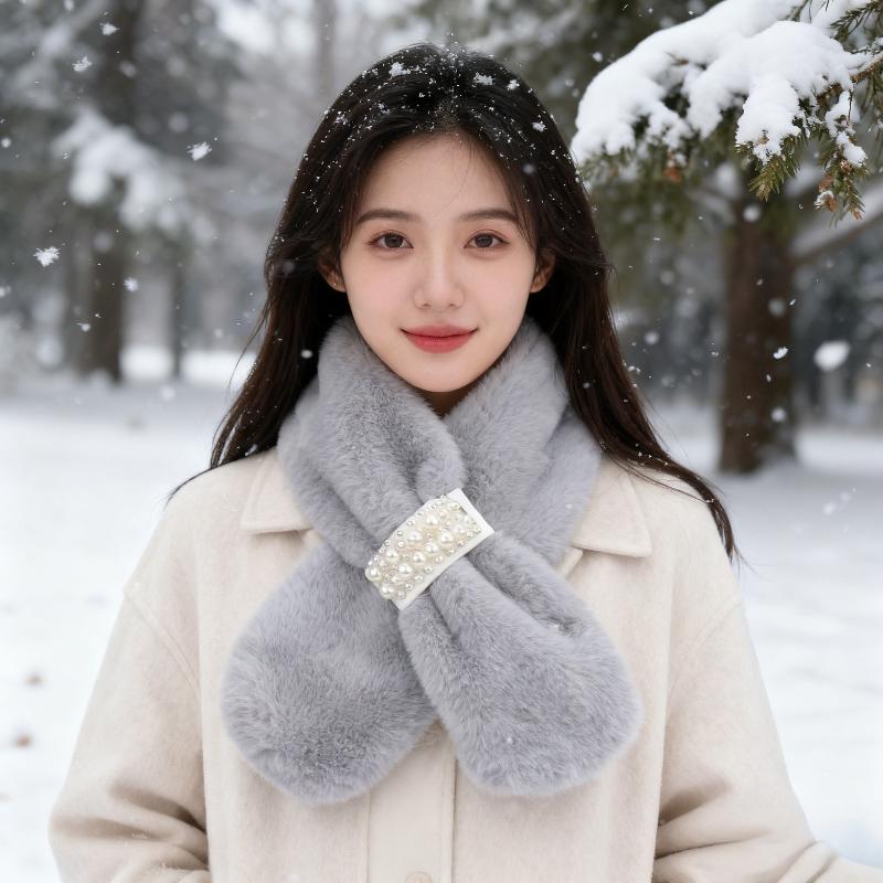 Pearl Cross Plush Scarf Women Sthickened Neck Warmer Winter Fashionable Versatile Warm Scarf серый