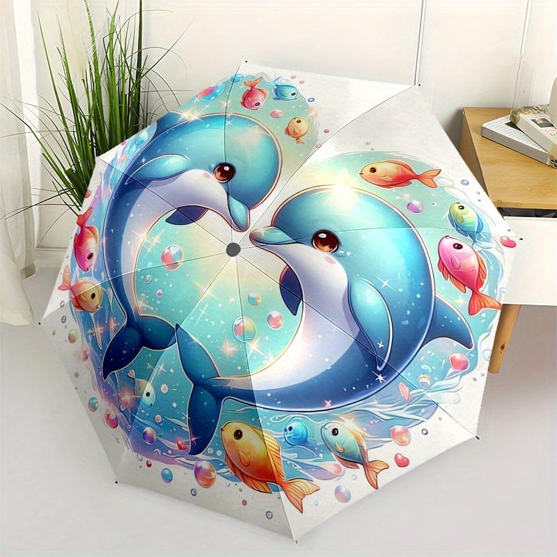 

Dolphins Heart Automatic Folding Umbrella Simple 8 Rib Design, Bright Cartoon Pattern, Durable Iron Frame, Suitable For Travel, Outdoor, Be