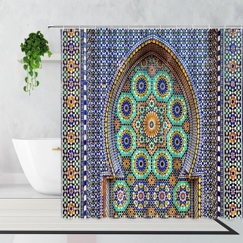 Tenda da Doccia Marocchina 3D Cancello Invecchiato Motivo Geometrico Design Porta d'Ingresso Ingresso Stile Orientale Architettonico Tende da Bagno