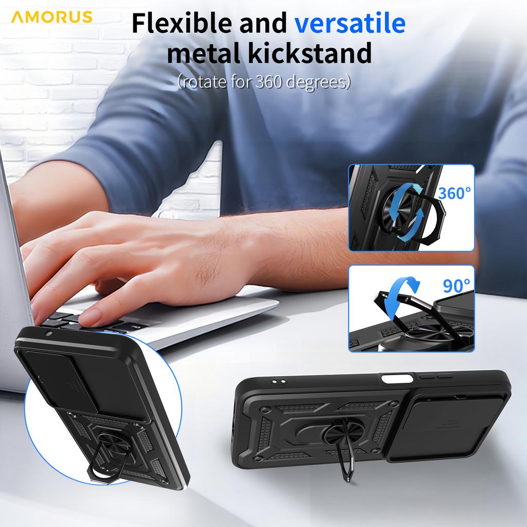 For Xiaomi Redmi 15 4G (EU) (171mm) Case Kickstand PC+TPU Phone Cover with Camera Lens Slider