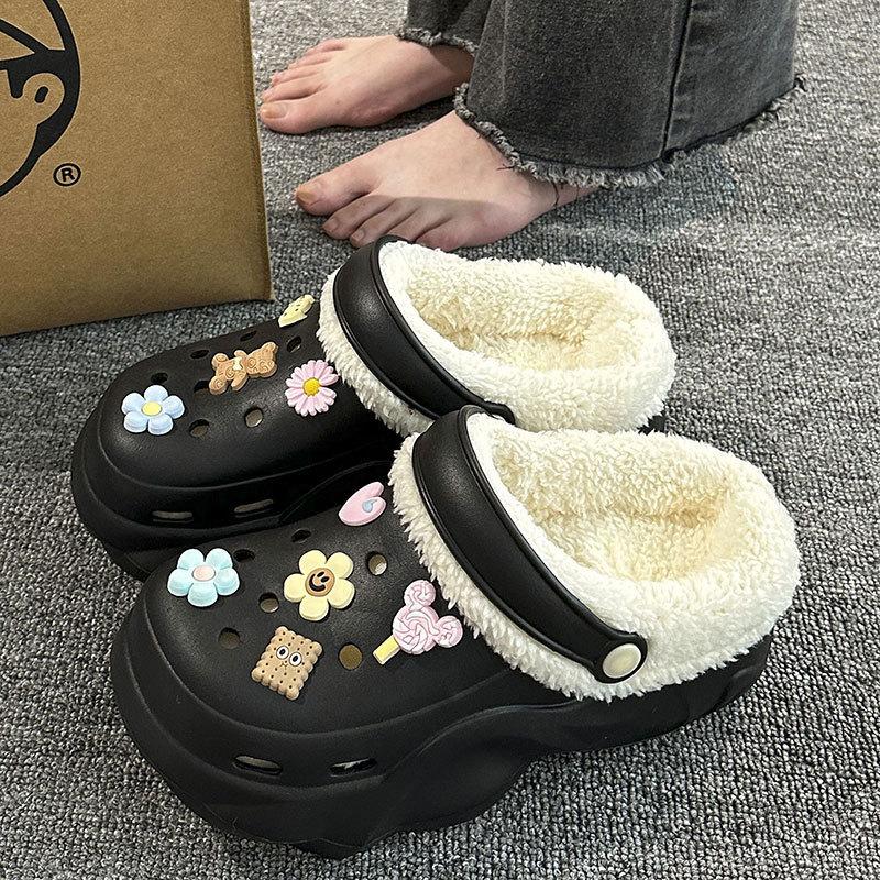 New velvet hole shoes women's winter non-slip outer wear cotton shoes heightened thick-soled home removable cotton slippers
