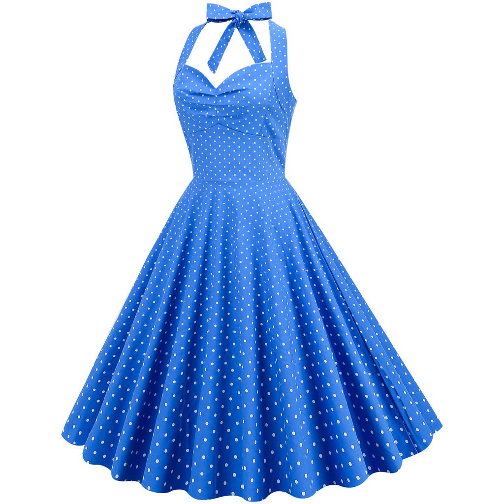 Vintage polka dot halter-neck, open-back, tie-front, slimming, figure-hugging, cinched waist, full-skirted midi dress for women