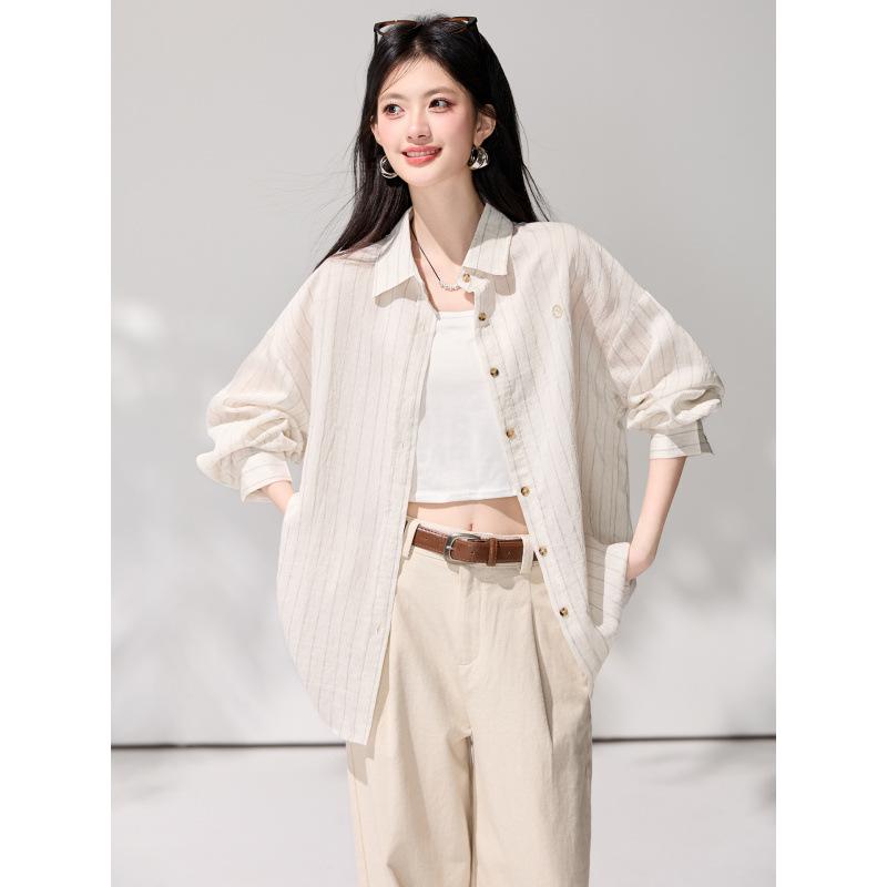 2026 Spring Women's Striped Cotton Linen Sun Protection Shirt - Loose, Long Sleeve, Mid-Length Outerwear Top