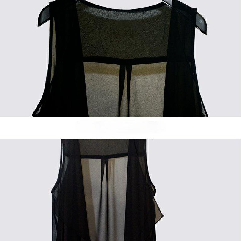 Chiffon Vests Women Holiday Street Solid Black Sweet Thin Summer All-match Fairy Outerwear Sexy Long Draped Open Stitch Vintage