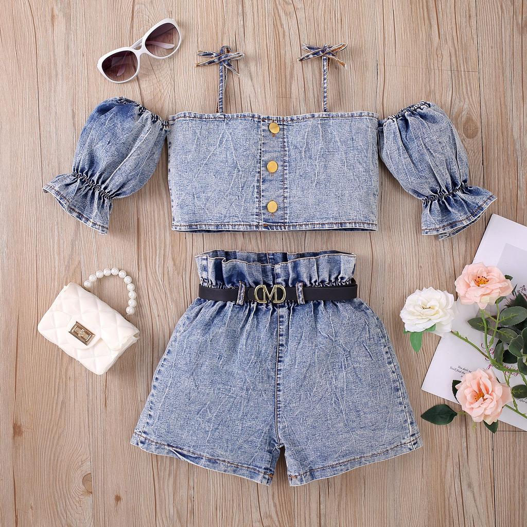 Girls' Fashion Set, Summer Children's Casual Strappy Top, High-waisted Shorts with Belt