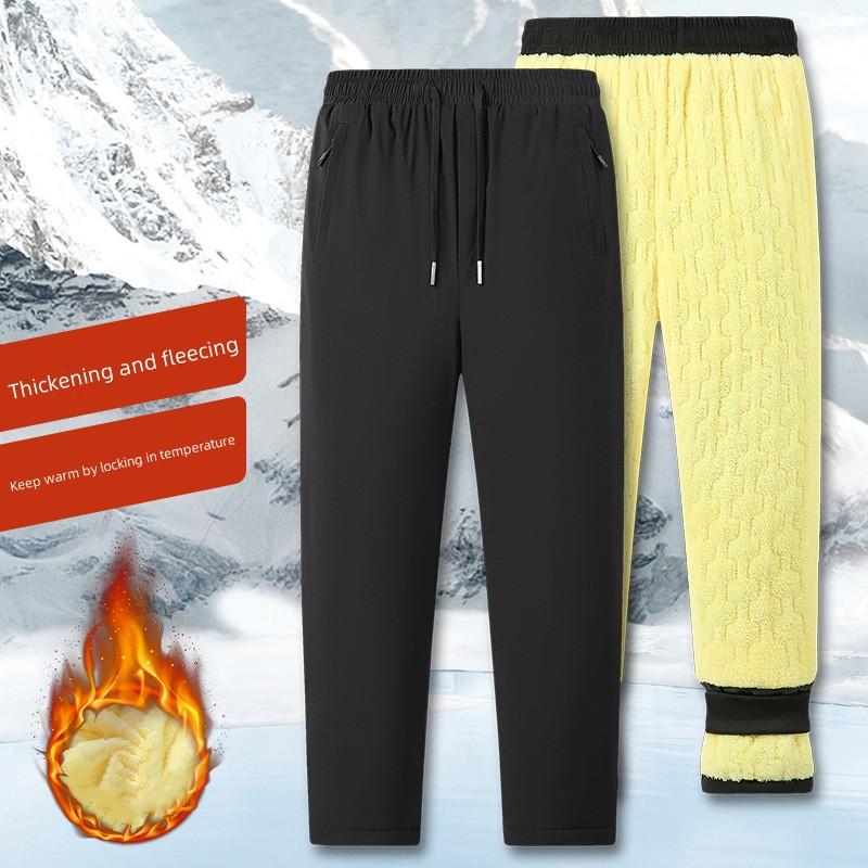 Winter Men's Casual Straight Leg Trousers with Fleece and Thickening Lamb Fleece Thermal Pants
