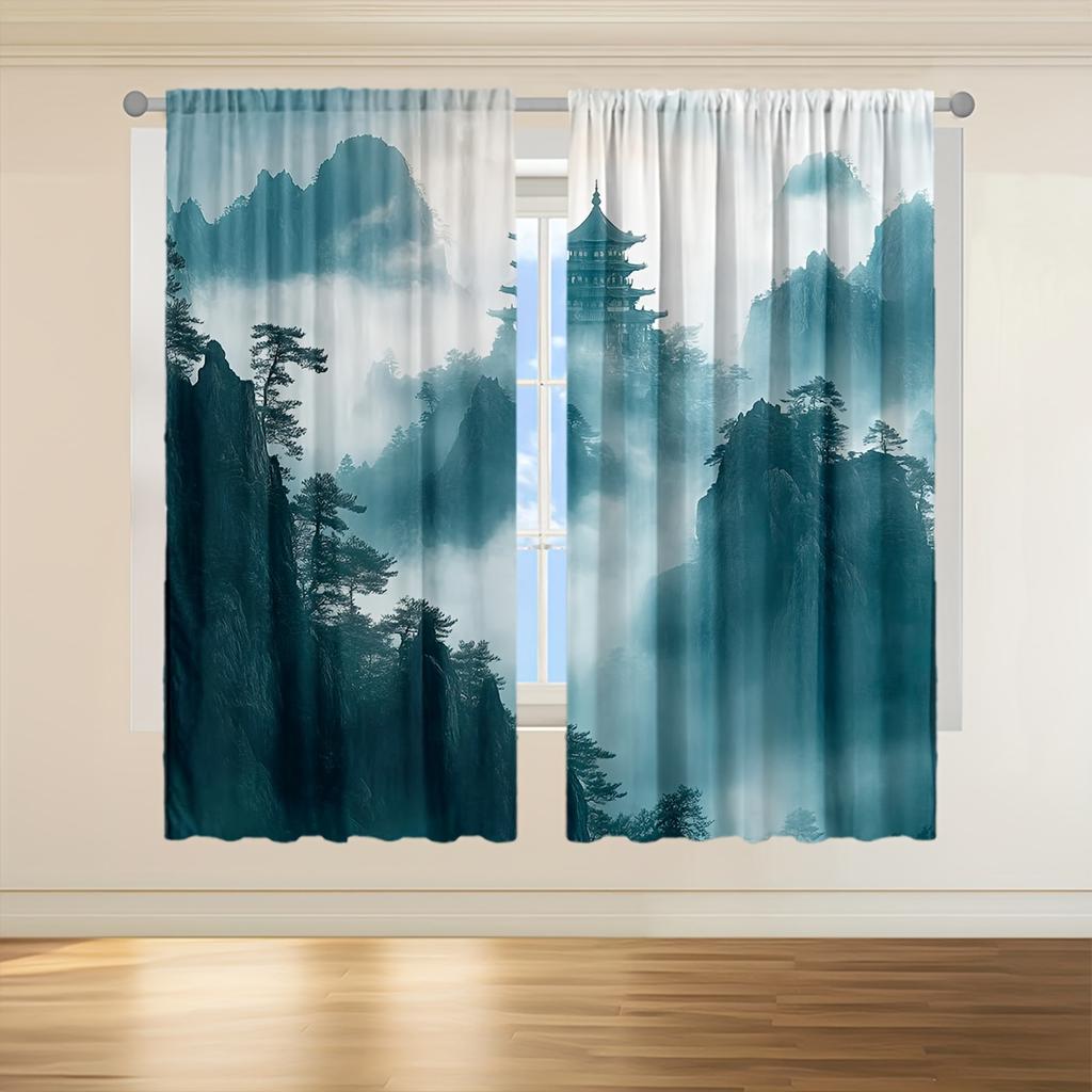 2pcs Tranquil Mountain & Pagoda Print Curtains - 16K Ultra HD   Misty Forest Design with Foggy Peaks   Semi-Transparent Polyester