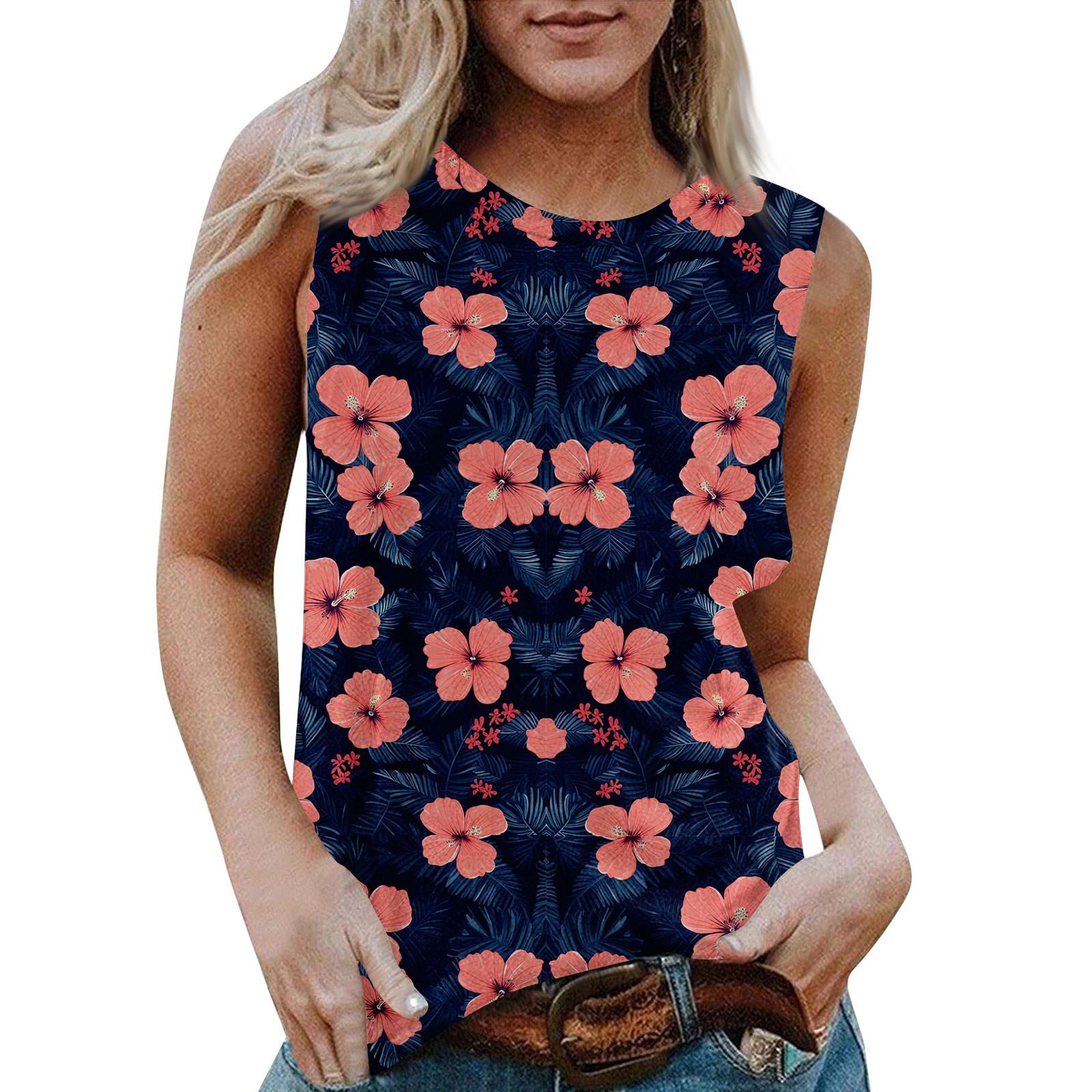 

Женская повседневная футболка без рукавов с круглым вырезом и гавайским принтом L тёмно-синий