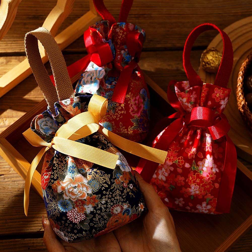 Pearl Pendant Flower Drawstring Bag Floral Ribbon Bowknot Handbag Sweet Festive Sugar Bag  Festival