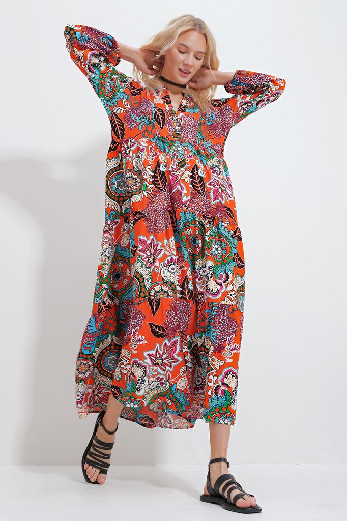 Women's Hijab Dress New Season Fashion Orange Magnetic Collar Paisley Patterned Maxi Dress